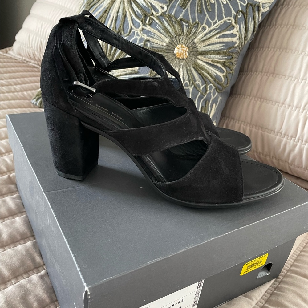 Ecco Black Suede Strappy Block Heel Sandals - Picture 2 of 5